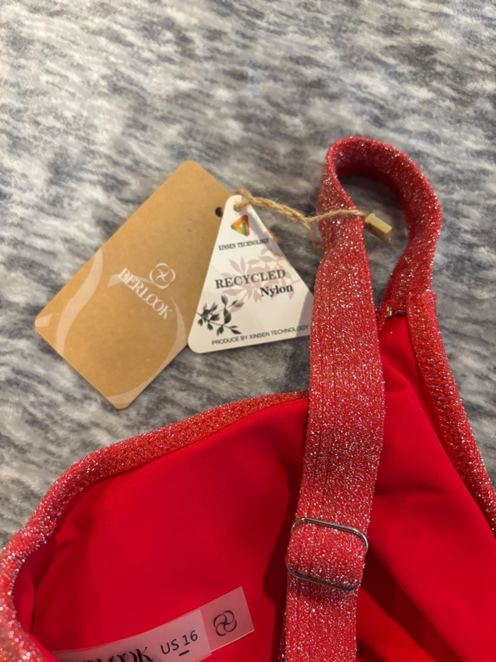 Berlook Red Sparkly Bikini Set Twist Front High Waisted Shimmer NWT E233 - Picture 6 of 7